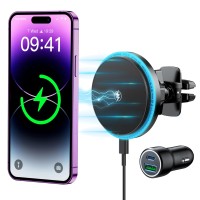WOCBUY Wireless Car Charger, Compatible with Magsafe Car Mount Charger, Auto-Alignment Fast Charger, Magnetic Phone Holder Car Compatible with iPhone 15/14/13/12 Series (QC3.0 Car Charger Included)